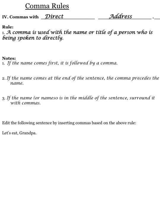 More Comma Rules Notes (pages 2 completed)